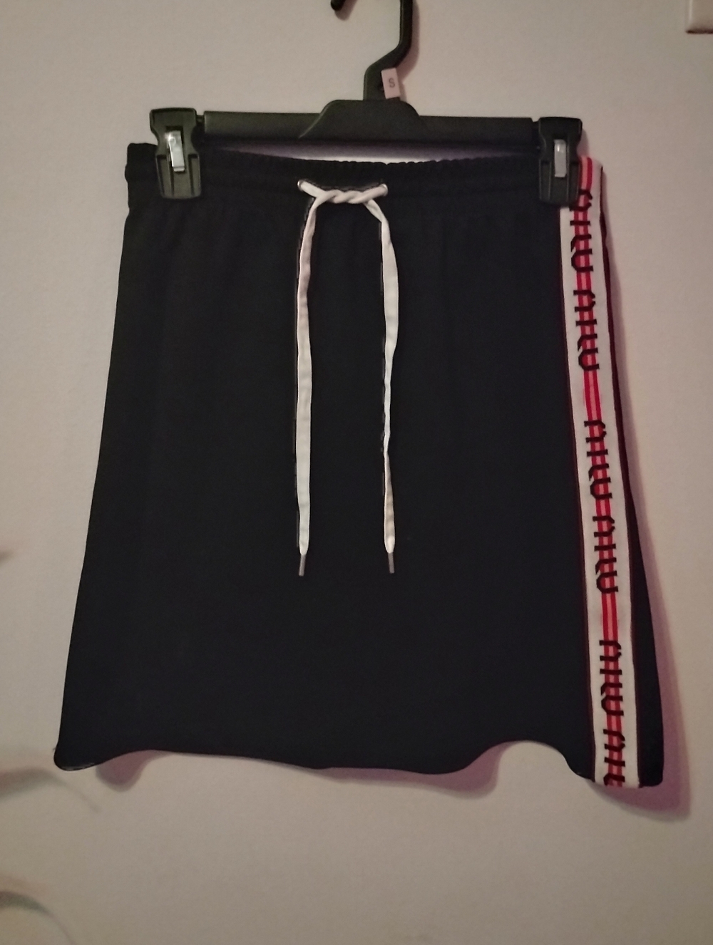 Miu Miu Black Mini Skirt with White Drawstring and Red Side Stripe